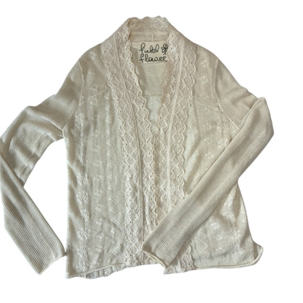 Field Flower Cardigan, Size Medium, Crocheted, Open Front, 100% Cotton